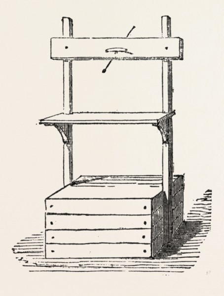 THE GAROTTE, A COLLAR IS PASSED AROUND THE NECK OF THE CULPRIT AND INTRODUCED THROUGH A BOARD AT