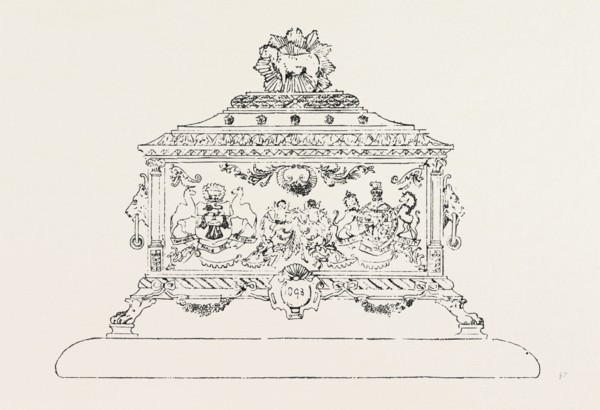 CASKET FOR FREEDOM OF MERCHANT TAYLORS COMPANY PRESENTED TO THE DUKE OF YORK, UK, 1893 engraving