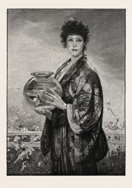 A WOMAN HOLDING A FISHBOWL CONTAINING GOLD FISH, 1893 engraving