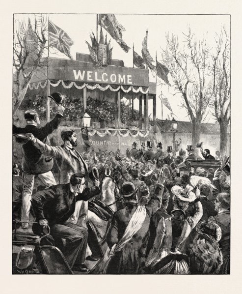 HOME RULE: GREAT MEETING AT BELFAST: ARRIVAL OF MR. BALFOUR AT THE LINEN HALL, NORTHERN IRELAND,
