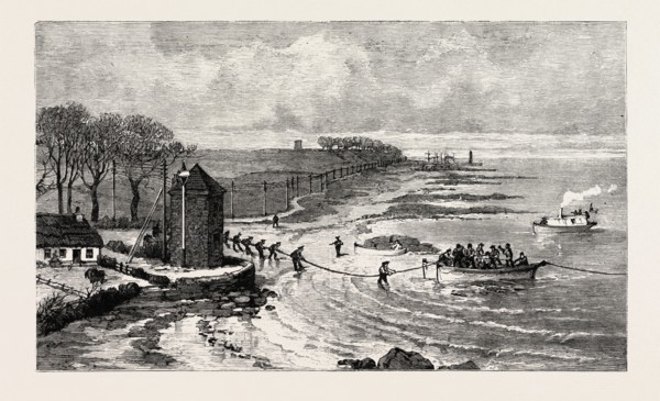 SUBMARINE TELEPHONE BETWEEN SCOTLAND AND IRELAND: DONAGHADEE, COUNTY DOWN, 1893 engraving