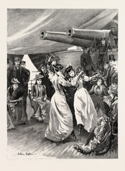 A VISIT OF THE CHANNEL SQUADRON TO CADIZ: TWO SPANISH LADIES DANCING THE SEVILLANA AT AN AT HOME ON
