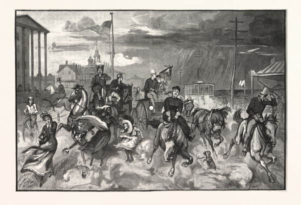 STORM AT LONG BRANCH, DRAWN JAMES E. KELLY, US, USA, ENGRAVING 1880