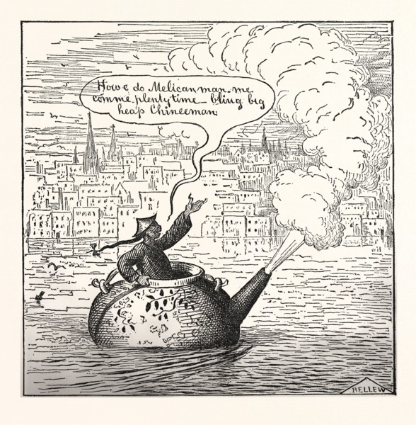 OH ! LAW THEY ARE COMING OVER IN THEIR OWN TEA-POTS  NOW! ,engraving 1880, us, usa
