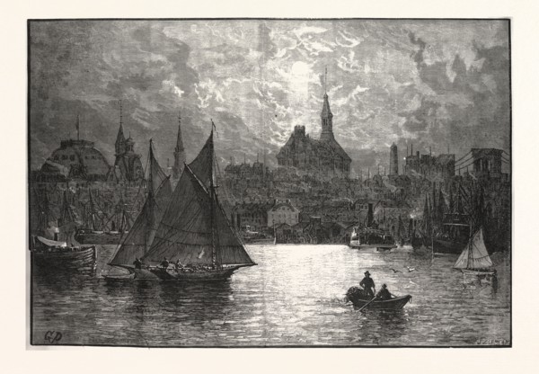 NEW YORK A CORTLANDT STREET FERRY-BOAT, JERSEY SIDE. DRAWN GRANVILLE PERKINS, engraving 1880, us,
