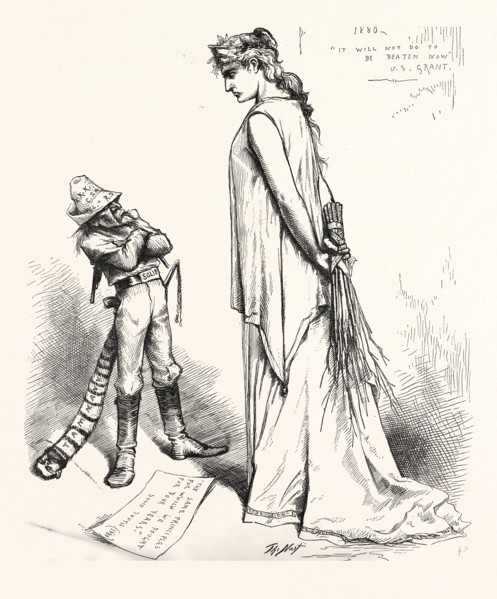 SOLID AND DEFIANT EVER, engraving 1880, us, usa, WOMAN, MAN, SOLDIER