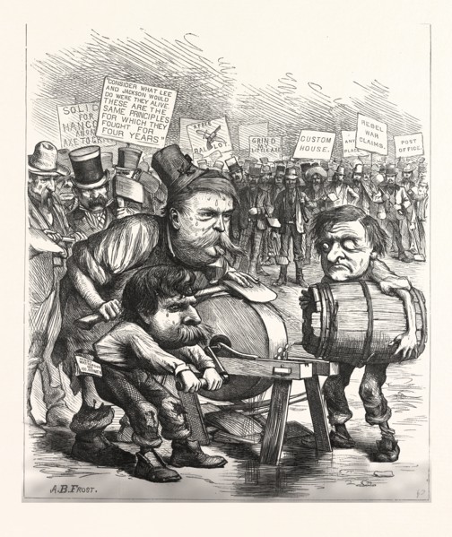 DEMOCRATIC AXE-GRINDER, engraving 1880, US, USA, POLITICS, POLITICAL, POLITIC, CAMPAIGN, PATRIOTIC