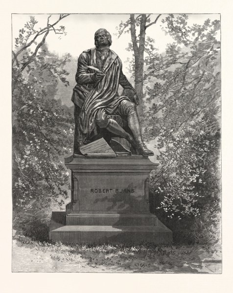 ROBERT BURNS, THE STATUE SIR JOHN STEELL, CENTRAL PARK. PHOTOGRAPHED BY PACH, engraving 1880, US,