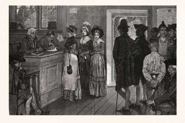 WOMEN AT THE POLLS IN NEW JERSEY IN THE GOOD OLD TIMES, DRAWN BY HOWARD PYLE, US, USA, AMERICA,