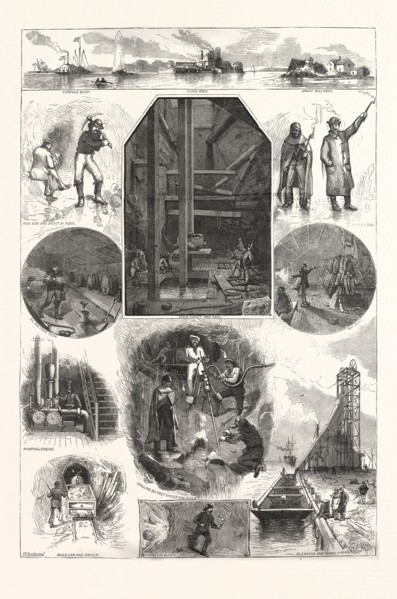 EXCAVATIONS UNDER FLOOD ROCK, HELL GATE, US, USA, AMERICA, UNITED STATES, AMERICAN, ENGRAVING 1880
