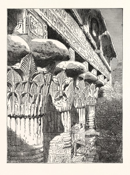 THE TEMPLE ESNEH, SCENE ON THE NILE, EGYPT, ENGRAVING 1880