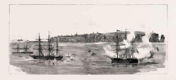 THE CESSION OF HELIGOLAND TO GERMANY: H.M.S. CALYPSO FIRING A SALUTE ON THE ARRIVAL OF THE GERMAN