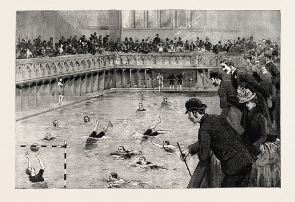 WATER POLO MATCH AT THE CROWN BATHS, KENNINGTON OVAL, UK, 1890 engraving