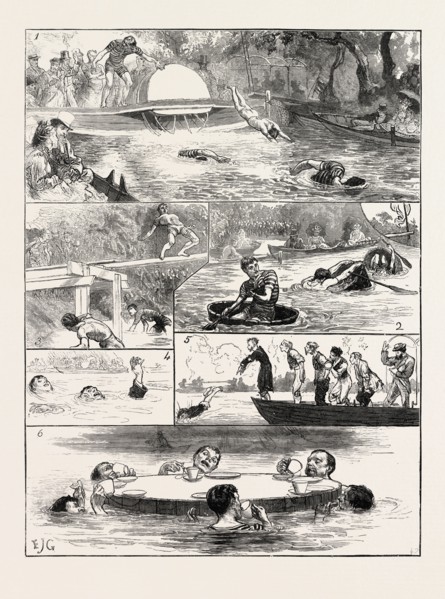 THE LONDON SWIMMING CLUB CONTEST AT THE CRYSTAL PALACE: 1. SWIMMING HEATS. 2. TUB RACE. 3. POLE