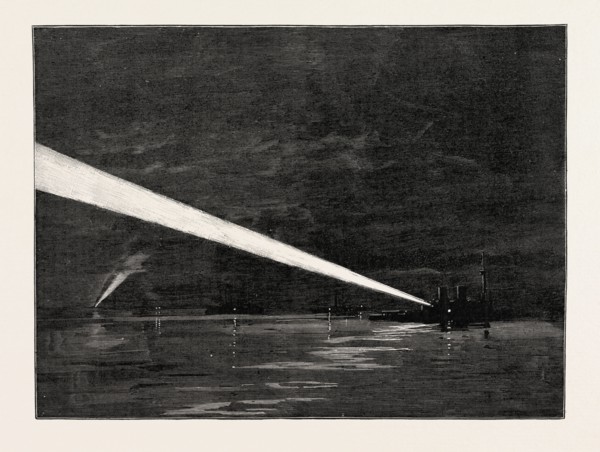 THE NAVAL MANOEUVRES, WITH THE HOSTILE FLEET: THE FLEET SIGNALLING WITH THE ELECTRIC SEARCH LIGHT