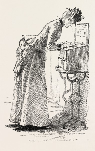 A HASTY NOTE AT THE RAILWAY STATION, 1890 engraving