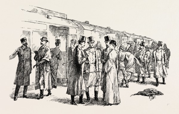 AT THE RAILWAY STATION: A MEET OF THE QUEEN'S BUCKHOUNDS, 1890 engraving