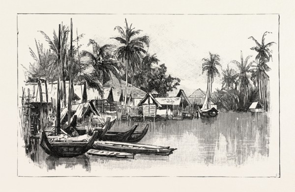 MALAY NATIVE VILLAGE ON THE EAST COAST OF SUMATRA, INDONESIA, 1890 engraving