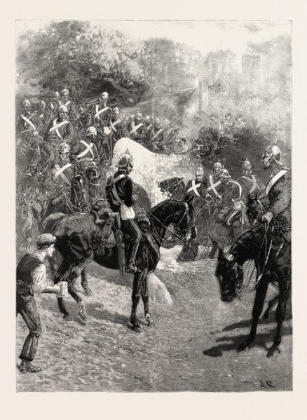 THE CAVALRY MANOEUVRES: THE GUARDS ON THE MARCH FROM ALDERSHOT TO CHURN CAMP, ARRIVING AT A