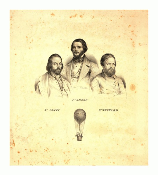 Portraits of three balloonists Ippolito Caffi, Francesco Arban, and G. Seiffard, with a small view