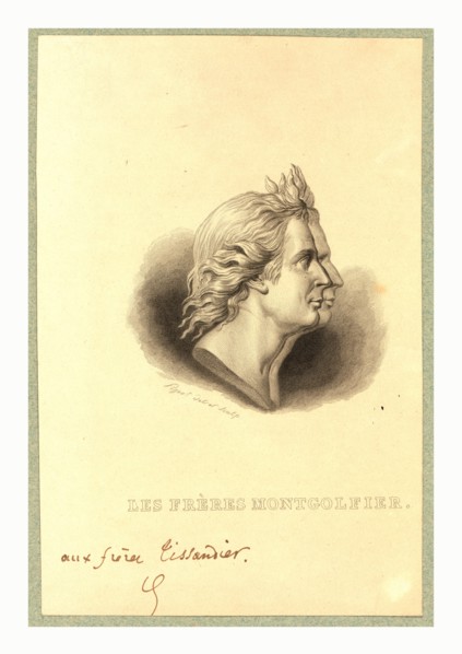 Bust-length double profile portrait of the Montgolfier brothers, French ballonists. After the gold