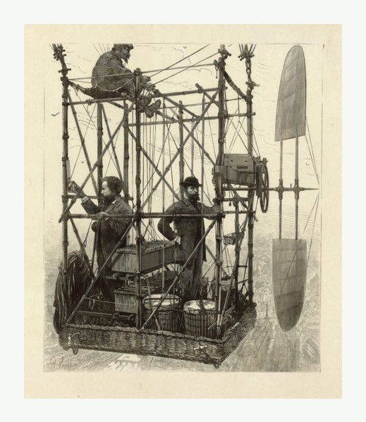 Albert Tissandier (left), Gaston Tissandier (right), and an unidentified man in the basket of their
