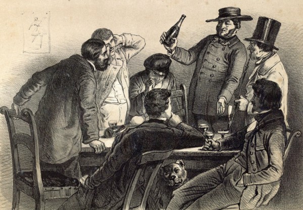 Drinking the bottles in Germany, 19th century lithography, wine, wine glass, wine-bottle, alcohol,