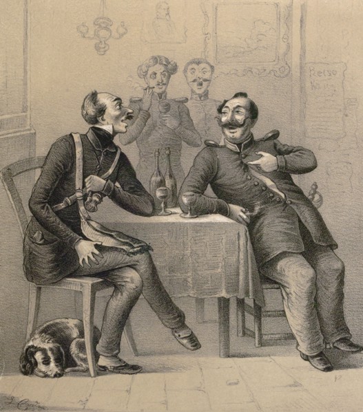 German military drinking a glass of wine. wine bottles, glasses, glass, bottle, uniforms, dog,