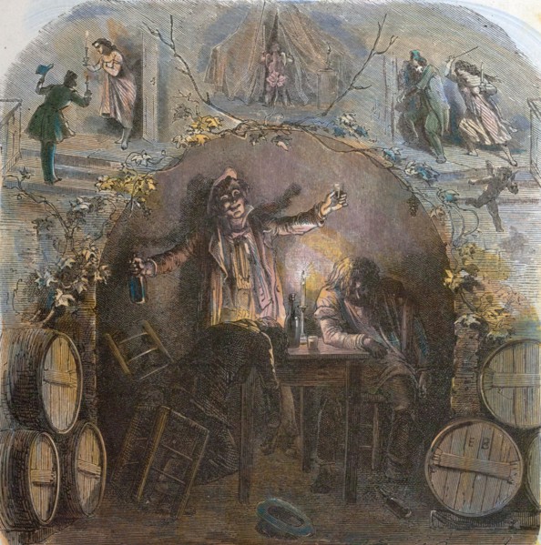 L'ivrogne and his wife, Jean de la Fontaine.  19th century engraving by Emile Bayard, 1837-1891.