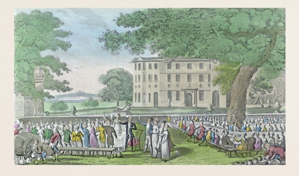 Miss Worthy's marriage. Dr. Syntax in the chair, drawn by Rowlandson. Coloured aquatint circa 1820.