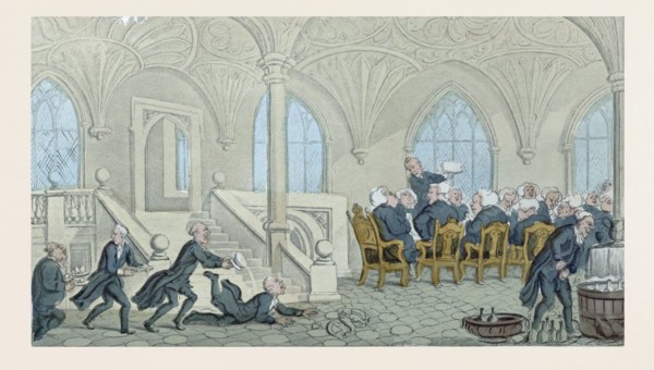 Dr. Syntax entertained at college, drawn and etched by Rowlandson, circa 1819. food and drink,