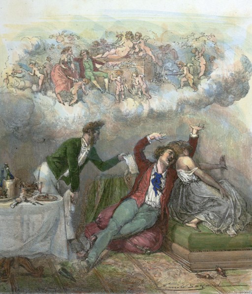Party in the pays de cocagne, in the land of plenty, by Emile Bayard, 1837-1891, France.  food and