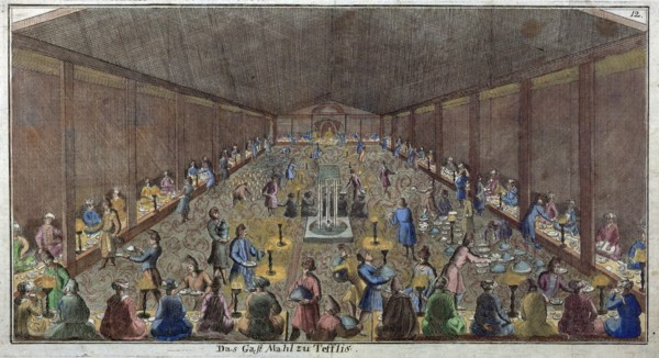 Large dinner in Tbilisi, Tiflis, food and drink, historical engraving, liszt gourmet archive
