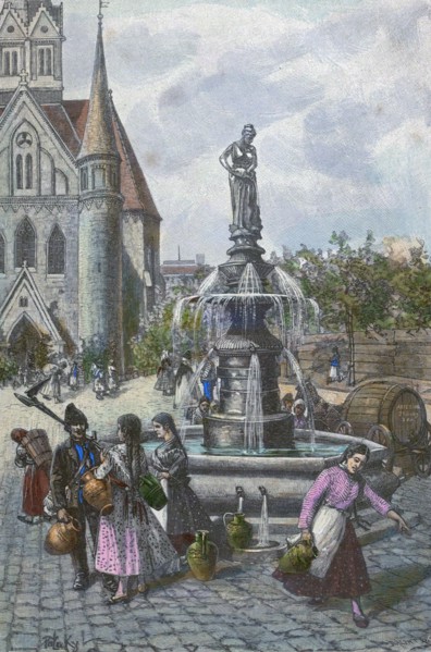 Water fountain in Szeged Hungary, 19th century. water, waterjugs, jugs, women, man, barrel, liszt