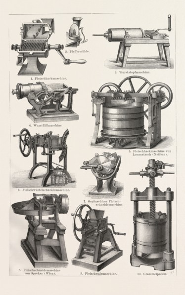 Machines to prepare meat, around 1890, 19th century, liszt gourmet archive, machine to fill the