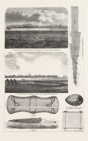 Fishing net, fishnet, nets, knotting a thin thread, dragnet, driftnet, fyke net, gillnet, around