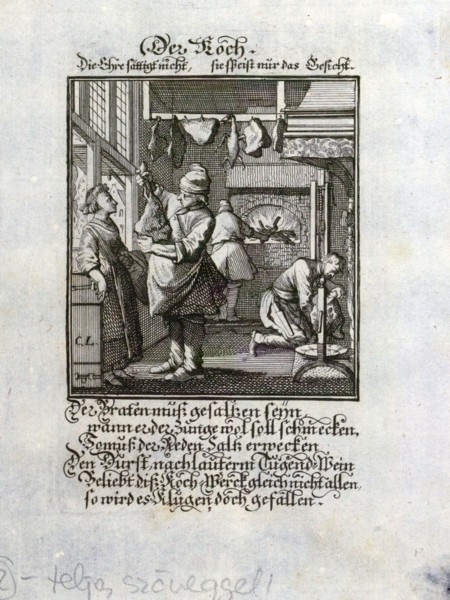 The cook, old master print, 17th century, 1600s, 1700s, engraving, liszt gourmet archive. cooking,
