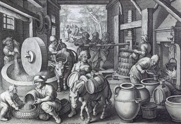 Oleum olivarum, the invention of the olive oil press, engraving circa 1591, by Stradanus or