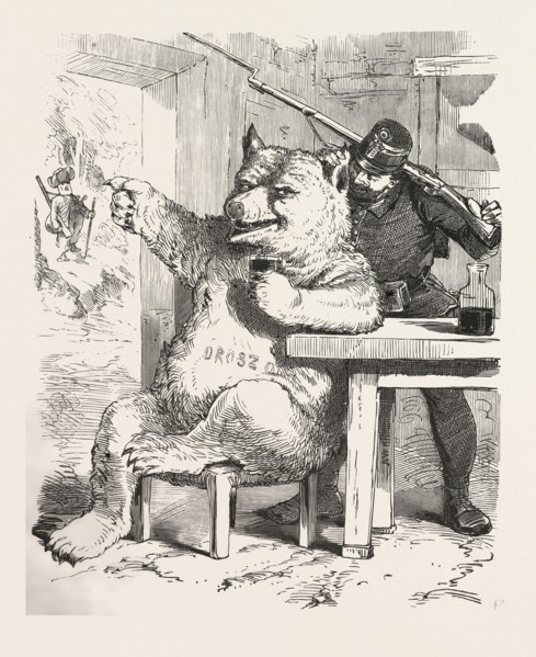 Bear having a glass of wine, around 1870, hungary, wine, wineglass, wine carafe, soldier, table,