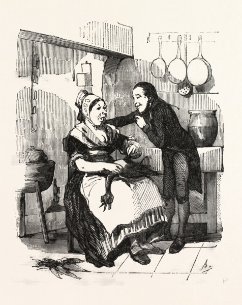 The cook and her admirer in the kitchen, cleaning a goose, by Bertall, 1820-1882, Paris, Soyons,