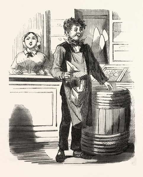 A french food shop,  by Bertall, 1820-1882, Paris, Soyons, France, Europe, 19th century. According