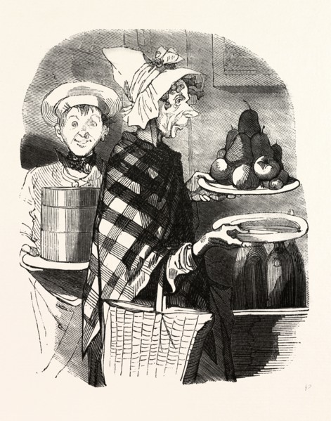 French lady and a cook bring the desserts by Bertall, 1820-1882, Paris, Soyons, France, Europe,