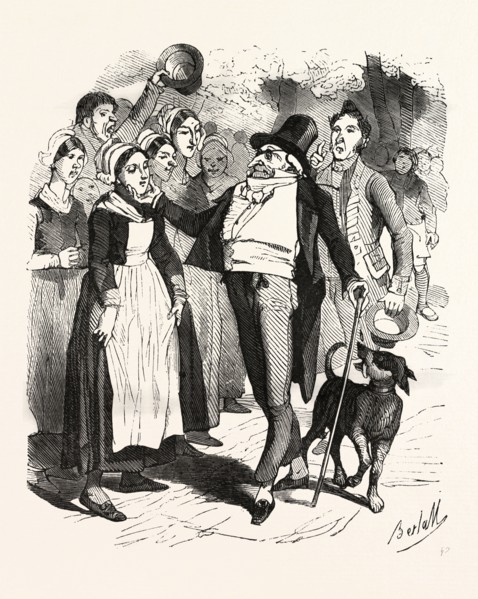 French count and his dog on a walk in the village, by Bertall, 1820-1882, Paris, Soyons, France,