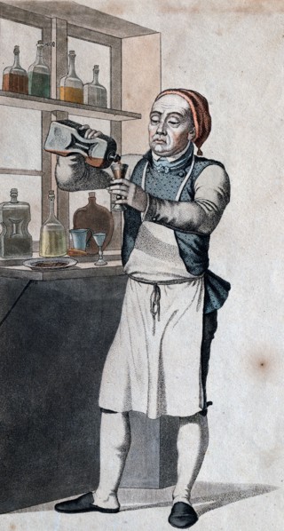 Brandy, brandywine distilling. Historic engraving from Denmark. distilling wine, alcohol, caramel