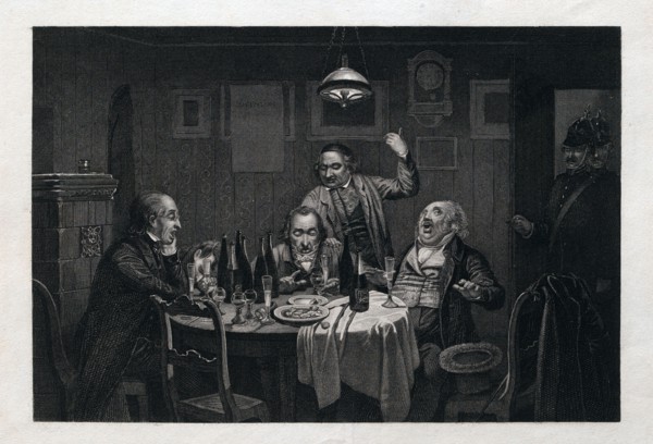 The guests, 1864, food and drink, table, bottle, bottles, glass, glasses, wine, champagne, man,