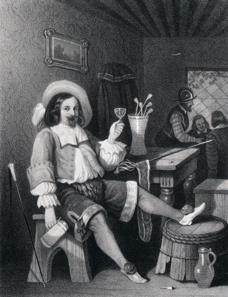man drinking wine, wine glass, jug, hat, walking stick, interior, pub, sword, elegant, helmet,
