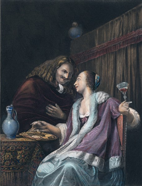 Lunch with oysters and wine by Frans van Mieris, 1635-1681, dutchm, woman, man, oyster, wineglass,