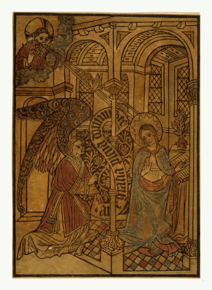 The annunciation, Print showing Mary visited by an angel, woodcut, hand-colored, between 1450 and