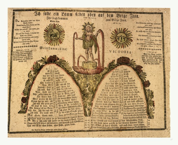 Pennsylvania German fraktur labeled with verse from Revelations 14:1, I saw a lamb on Mount Zion,