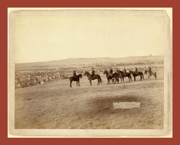 Gen. Miles and staff viewing the largest hostile Indian Camp in the U.S., near Pine Ridge, S. Dak.,